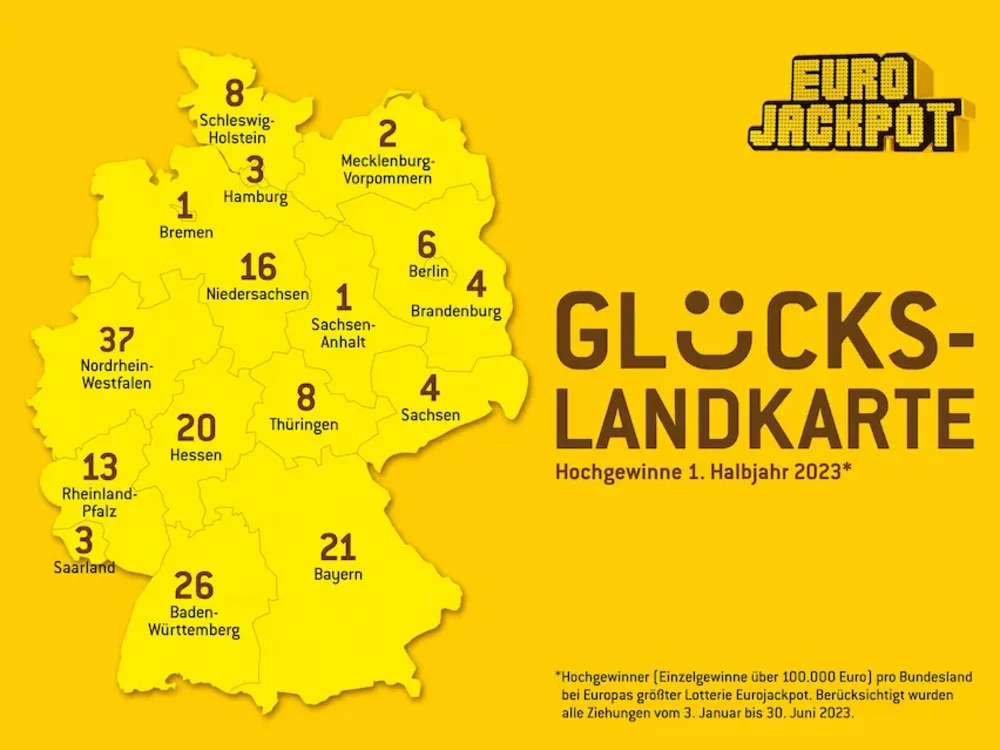 Die Eurojackpot-Glücks-Landkarte mit Hochgewinnen in Deutschland aus dem 1. Halbjahr 2023