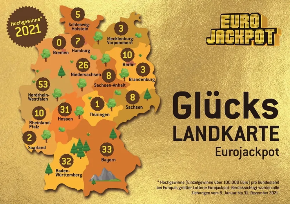 Eurojackpot-Gewinnerbilanz 2021: Glückslandkarte Deutschland