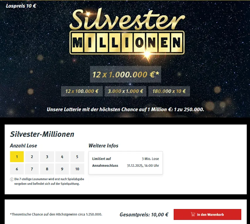 Screenshot der Lotterie Silvester-Millionen in Baden-Württemberg (c) LOTTO Baden-Württemberg