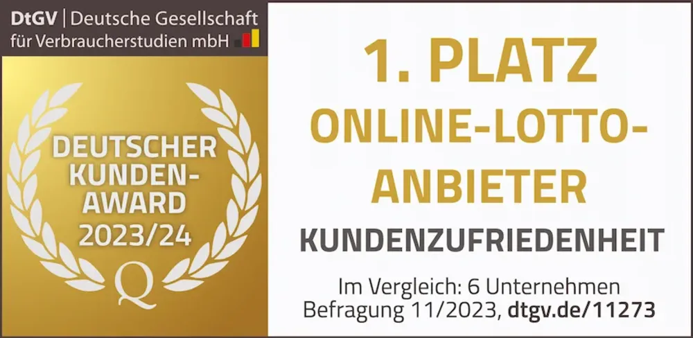 Deutscher Kunden-Award 2023/24 für LOTTO.de: 1. Platz Online-Lotto-Anbieter