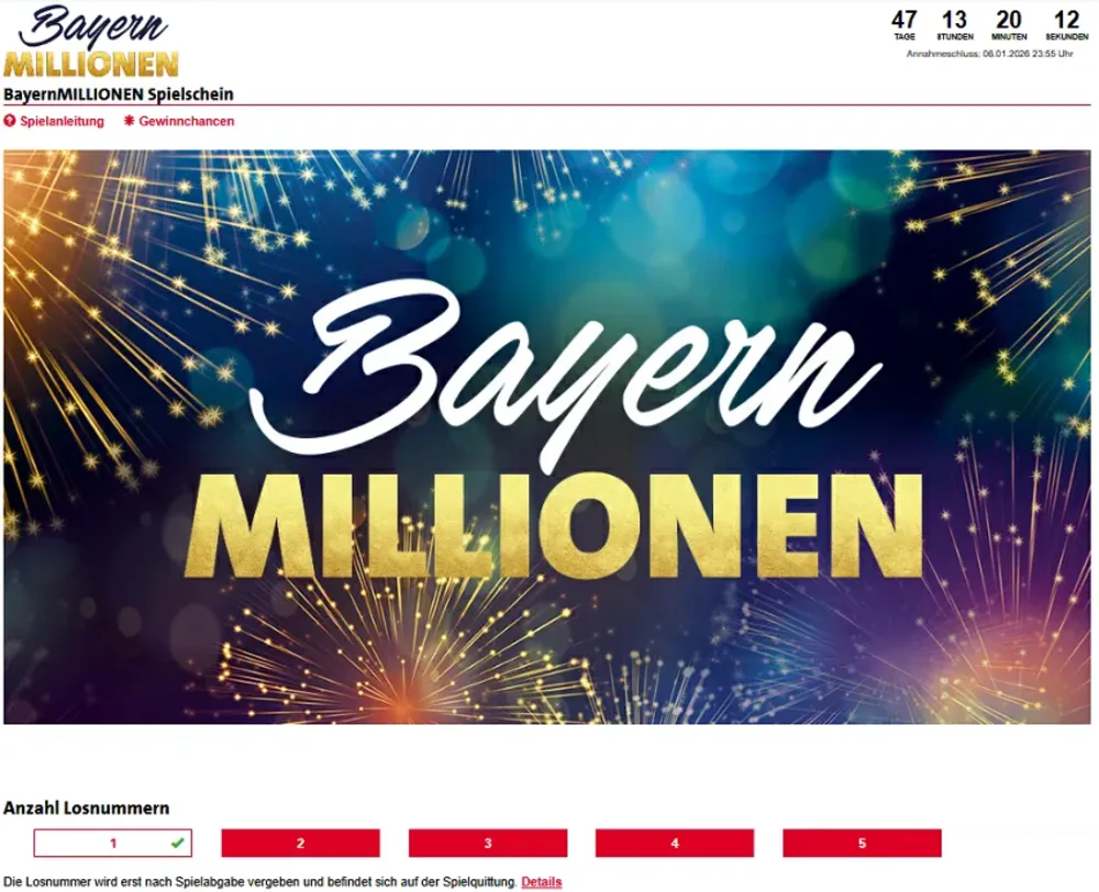 Screenshot der Lotterie BayernMILLIONEN (c) LOTTO Bayern